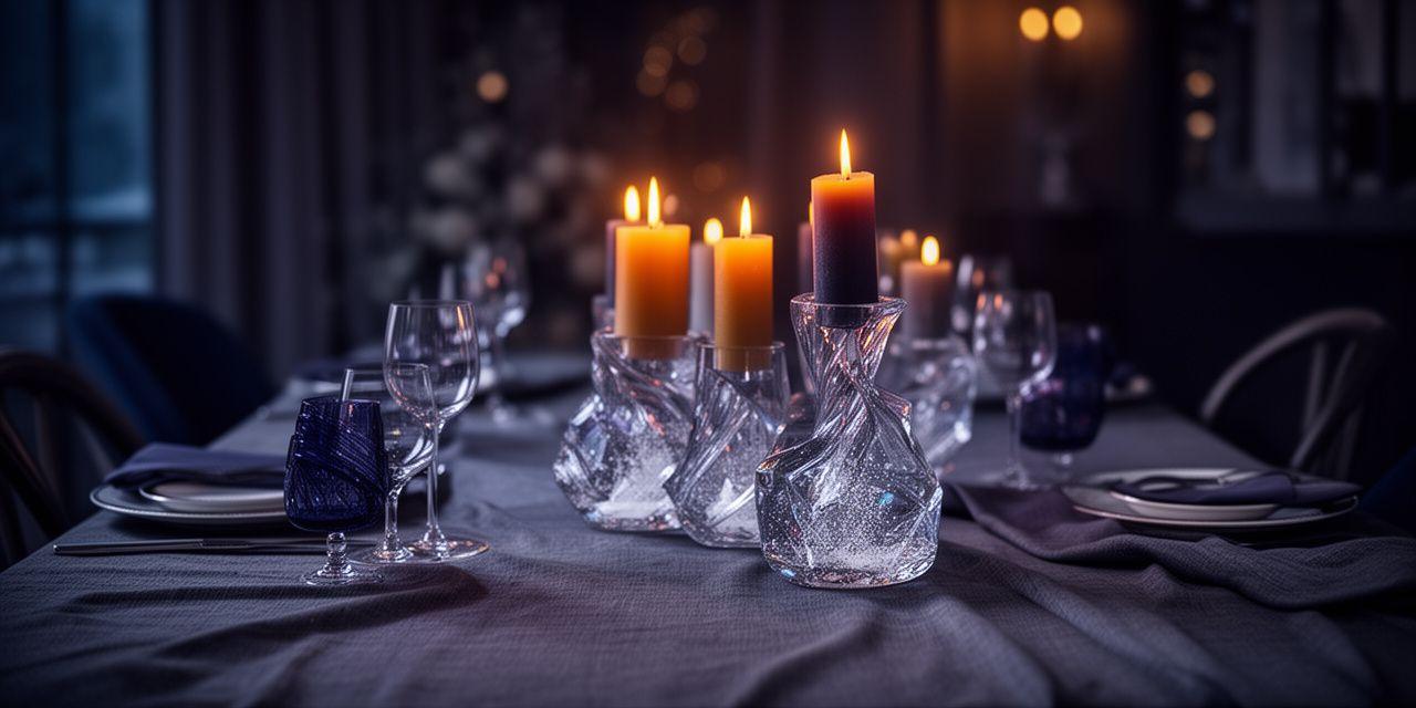 Elegante Tischszene mit meteorologisch inspirierten Kerzen und Haltern bei gedämpftem Abendlicht